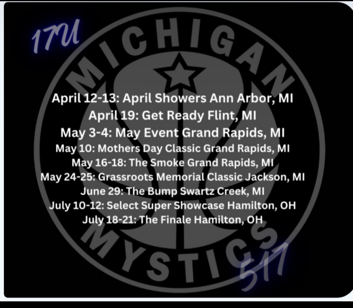 Here’s my AAU schedule! So excited to be with this program! Let’s Go! <a href="/Mystics517/">Michigan Mystics - Jackson</a> <a href="/koliebrown40/">Kolie Brown</a> <a href="/avianaskinner/">Avi Skinner</a> <a href="/CeceliaSlat/">Cecelia Slat</a> <a href="/AliviaWarner2/">Alivia Warner</a> <a href="/EmmaShafer55/">Emma Shafer</a> <a href="/renniehuff/">rennie huff</a> <a href="/MykaylaMast/">Mykayla Mast</a> <a href="/AvaFetterman1/">Ava Fetterman</a>