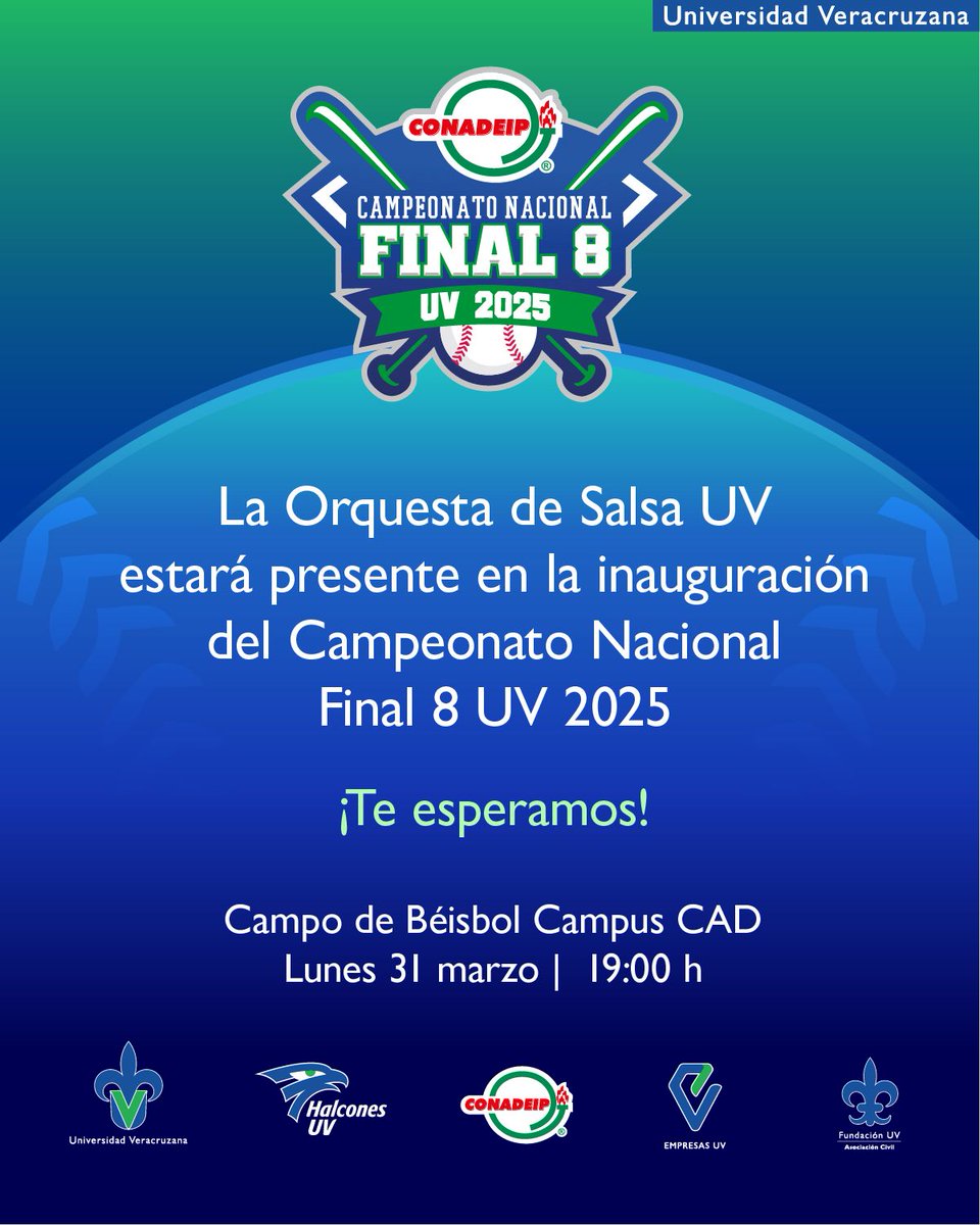 UVeracruzanaMx's tweet photo. ¡Hoy, lunes 31 de marzo, inicia el Campeonato Final 8 UV 2025! ⚾
📅Asiste en punto de las 19:00 horas, al Campus de Béisbol del Campus CAD, y disfruta del talento y buen ambiente con la Orquesta de Salsa UV en la ceremonia de inauguración.
#Final8CONADEIP https://t.co/Dq17xcnuH2