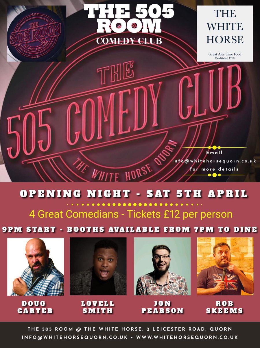 The 505 Comedy Club - This Saturday 🃏

Tickets are still available for this week’s new comedy club here at The 505 Room.

£12 a ticket to see 4 great comedians. Show starts at 9pm, with tables available to eat from 7pm. 

To book a ticket, drop us a message on here. 🎙️