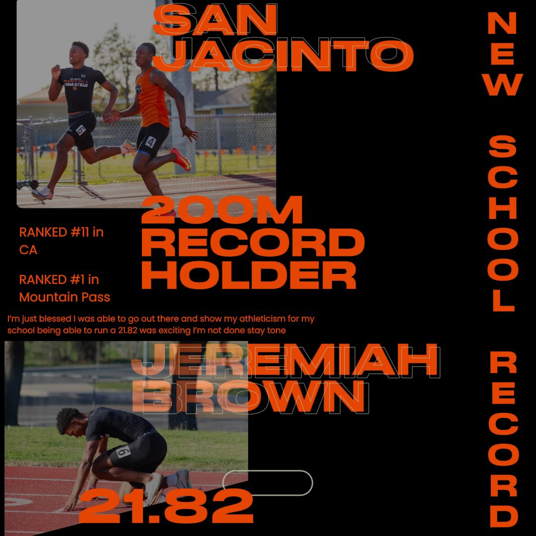 Grateful to have broken the school record with a 21.82, setting a new mark that’ll inspire future athletes. Hard work pays off, and this is just the beginning! <a href="/BCrawford247/">Brad Crawford</a> <a href="/BrandonHuffman/">Brandon Huffman</a> <a href="/IESportsNet/">IE Sports Net on FOX Sports Radio🎙</a> <a href="/cjsullivan04/">CJ Sullivan</a> #fearthepaw