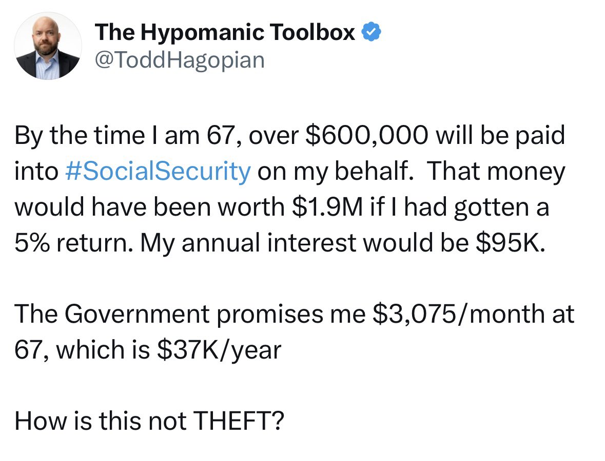 Bonnie S 🇺🇸❤️🐶 (@bonnies21912114) on Twitter photo <a href="/thomas_garrard/">Beer Drinking Army Vet</a> Social security is the definition of a Ponzi scheme. The money people pay today is NOT invested for their future benefits, it is used to pay current retirees. With an aging population, declining birth rates and fraud it’s a recipe for disaster!
I’m old enough to remember when <a href="/thomas_garrard/">Beer Drinking Army Vet</a> Social security is the definition of a Ponzi scheme. The money people pay today is NOT invested for their future benefits, it is used to pay current retirees. With an aging population, declining birth rates and fraud it’s a recipe for disaster!
I’m old enough to remember when