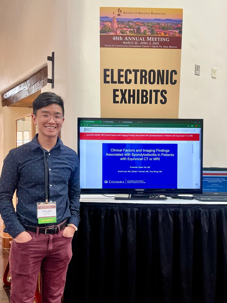 Columbia Radiology (@columbiaimaging) on Twitter photo Second year radiology resident Dylan Tan at #ssr2025 with his electronic exhibit: "Clinical Factors and Imaging Findings Associated with Spondylodiscitis in Patients with Equivocal CT or MRI".
<a href="/columbiaradres/">Columbia Radiology Residents</a> <a href="/SSRbone/">Society of Skeletal Radiology</a> Second year radiology resident Dylan Tan at #ssr2025 with his electronic exhibit: "Clinical Factors and Imaging Findings Associated with Spondylodiscitis in Patients with Equivocal CT or MRI".
<a href="/columbiaradres/">Columbia Radiology Residents</a> <a href="/SSRbone/">Society of Skeletal Radiology</a>