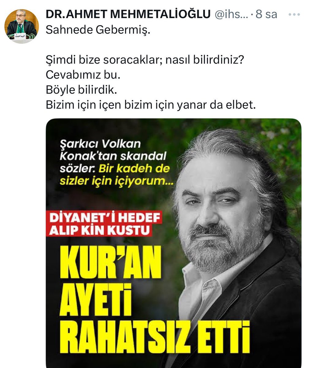 Ölen bir sanatçının arkasından alçakça konuşacak kadar insanlıktan nasibini almamış, Fetönün peşine takılmış, siyasal islamcılık üzerinden kadınları aşağılamayı had bilmiş, 19 yaşında açıktan ilkokula başlayıp nasıl olduğu bilinmeyen bir şekilde diploma edinmiş tiplere "Müftü"