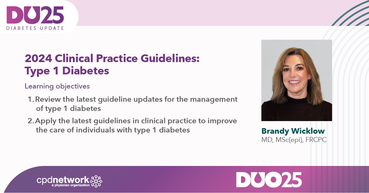 📖🔬 Stay up to date on #Type1Diabetes care! Join Dr. Brandy Wicklow at #DiabetesUpdate as she breaks down the latest 2024 clinical practice guidelines and their impact on patient management. Learn more: duocongress.ca