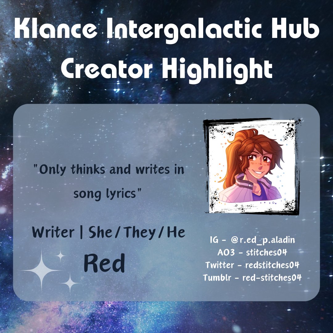 KlanceHub's tweet photo. Help us give some love to the wonderful creators in our community!  

Check out @RedStitches04  and their gorgeous stories! ❤️💙 

#KLIHCreatorHighlight #klance #fanart #art #keith #lance #KLIH https://t.co/PxPz9KpA3l