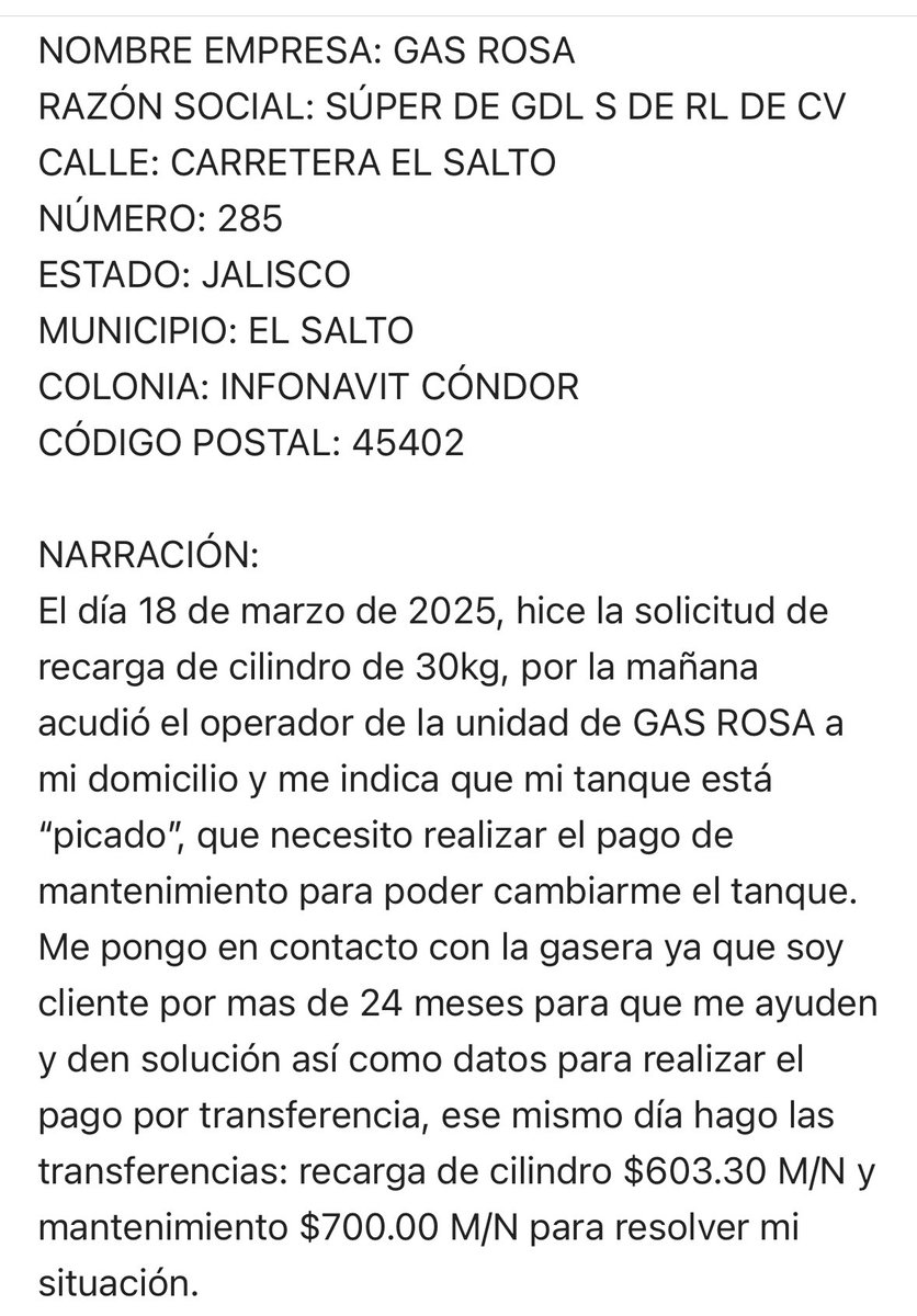 JavierMezvez's tweet photo. @Profeco @AtencionProfeco solicitó de su apoyo para intervenir con la resolución de un servicio y producto adquirido con @GasRosa_  los cuales no me atienden si resuelven. @TelevisaGDL @TVAztecaJalisco @Televisa https://t.co/cdea2dL3QV