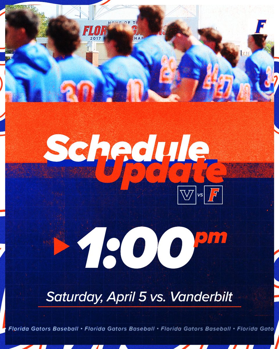 GatorsBB's tweet photo. 🚨 Schedule Update 🚨

Game two on Saturday vs. Vanderbilt has been bumped up to a 1 p.m. first pitch.

Details | https://t.co/jZwccy8S5R https://t.co/oQhirahObs