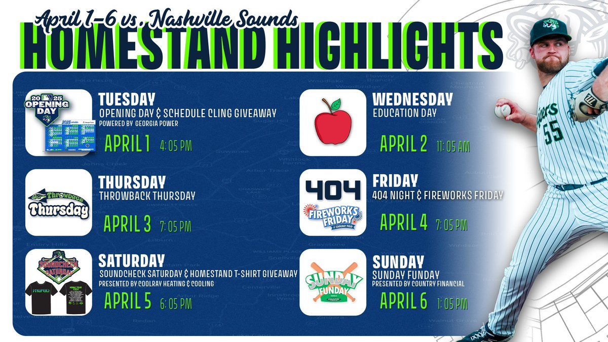 GoStripers's tweet photo. What's happening this week? We're so glad you asked.

Tickets: https://t.co/jIq1K3Z2sL 
 
#HitsCloseToHome #OpeningWeek https://t.co/CeqY8WYjqk