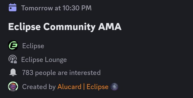 Eclipse Alert ๐จ๐ฎ (@eclipsealert) on Twitter photo ๐จ Biggest Eclipse AMA Incoming! ๐จ
<a href="/EclipseFND/">Eclipse (๐ฎ,๐)</a>โs most anticipated AMA is happening tomorrow at 5 PM UTC on Discord!
๐๏ธ Hosted by: โก๏ธ <a href="/Alucard_eth/">Alucard (โ๏ธ โก๏ธ) ๐งฑ๐จ๐ฆ</a> โค๏ธโก๏ธ Co-hosted by <a href="/0xSydney/">sydney</a> โค๏ธ
๐ฅ What to Expect:
๐ Turbo Tap Farewell Alfalfa
๐ฐ $ES Economy Insights
๐ Tokenomics Breakdown
๐ธ ๐จ Biggest Eclipse AMA Incoming! ๐จ
<a href="/EclipseFND/">Eclipse (๐ฎ,๐)</a>โs most anticipated AMA is happening tomorrow at 5 PM UTC on Discord!
๐๏ธ Hosted by: โก๏ธ <a href="/Alucard_eth/">Alucard (โ๏ธ โก๏ธ) ๐งฑ๐จ๐ฆ</a> โค๏ธโก๏ธ Co-hosted by <a href="/0xSydney/">sydney</a> โค๏ธ
๐ฅ What to Expect:
๐ Turbo Tap Farewell Alfalfa
๐ฐ $ES Economy Insights
๐ Tokenomics Breakdown
๐ธ