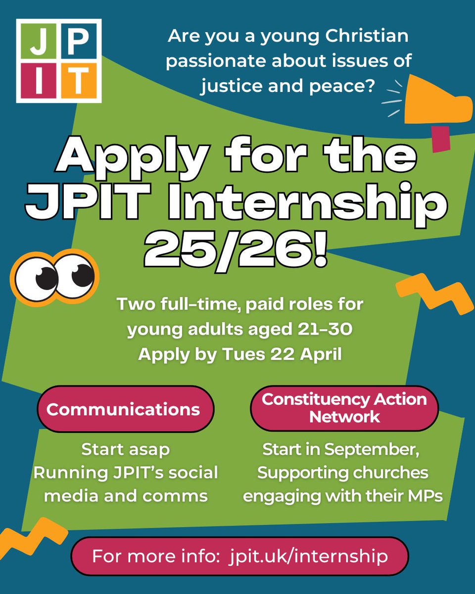 Do you know someone aged 21-30 who is passionate about justice and peace and would like to spend a year (or more) working with us <a href="/PublicIssues/">JPIT</a>? This is a brilliant opportunity and a great team to be part of (I may be biased). Please spread the word! jpit.uk/internship
