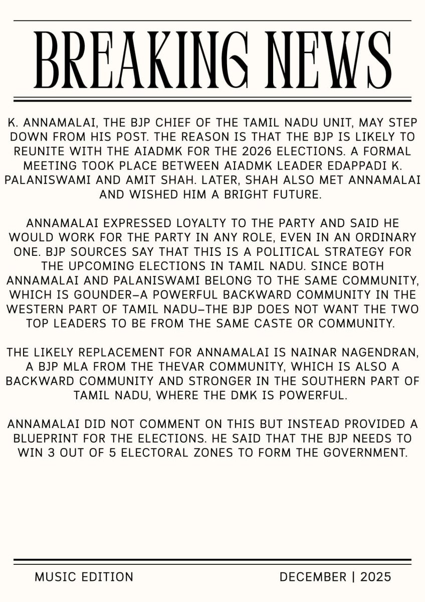 Subhampandey06's tweet photo. K. Annamalai, the BJP chief of the Tamil Nadu unit, may step down from his post. The reason behind this is the caste of annamalai. #BJP #TamilNadu https://t.co/MIaS05BE9t
