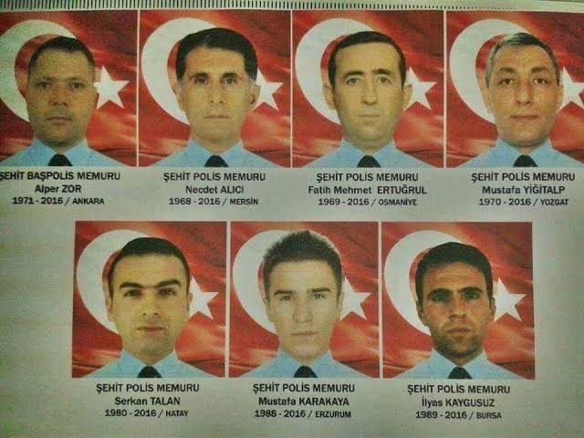 Diyarbakır'da Polis servis aracına düzenlenen bombalı saldırıda şehit düştüler. (31 Mart 2016)

Şehit Alper Zor 
Şehit Necdet Alıcı
Şehit Fatih Mehmet Ertuğrul 
Şehit Mustafa Yiğitalp
Şehit Serkan Talan
Şehit Mustafa Karakaya
Şehit İlyas Kaygusuz 

Vatan Size Minnettar!