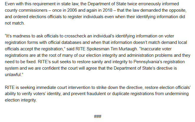Just asking for common sense in PA.

RITE has filed for summary judgment in a case asking to strike down a directive to election officials that they register voters even when the info provided does not match info found in government databases.

Motion: riteusa.org/wp-content/upl…