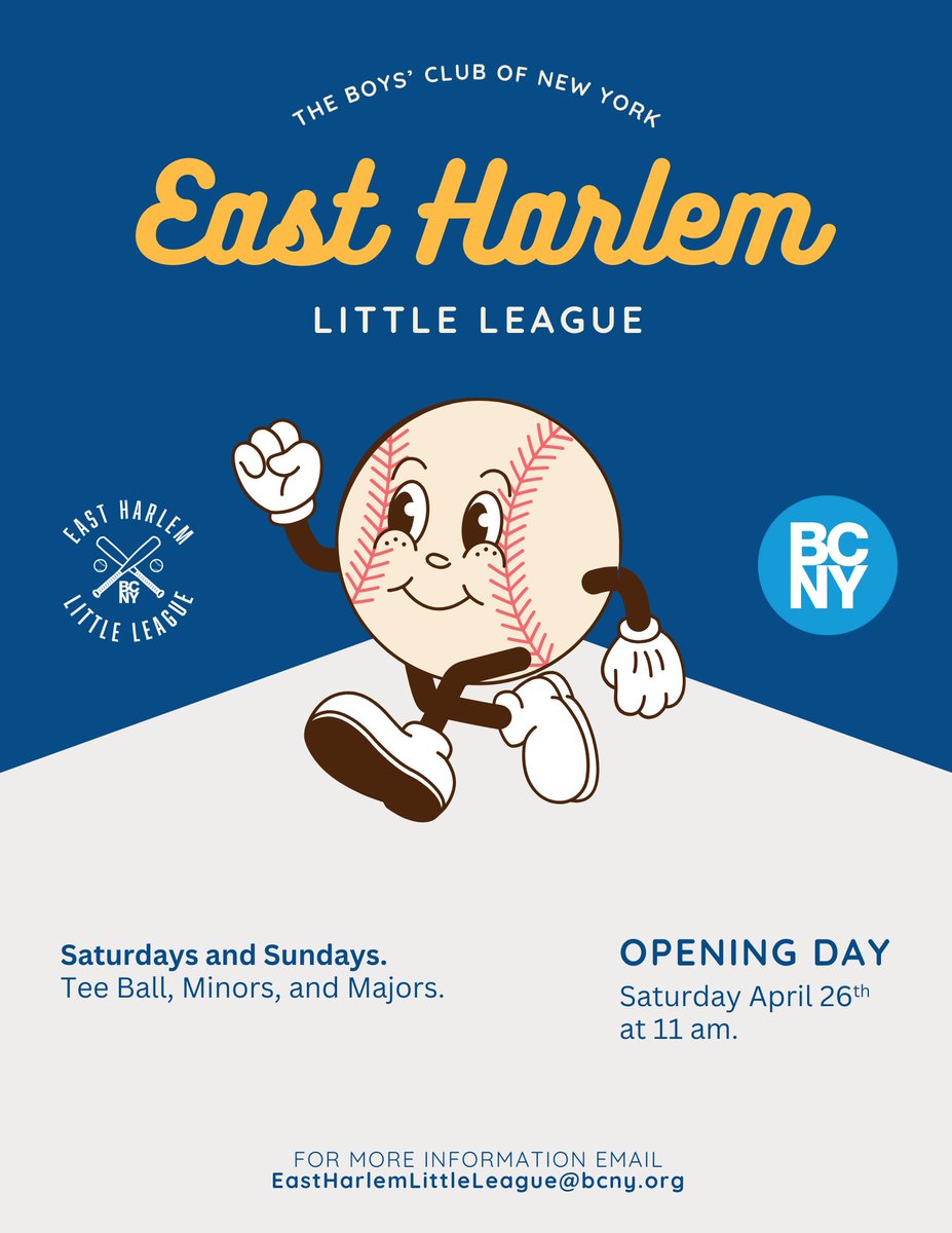 East Harlem Little League begins this April every Saturday and Sunday! Email EastHarlemLittleLeague@bcny.org for more information.