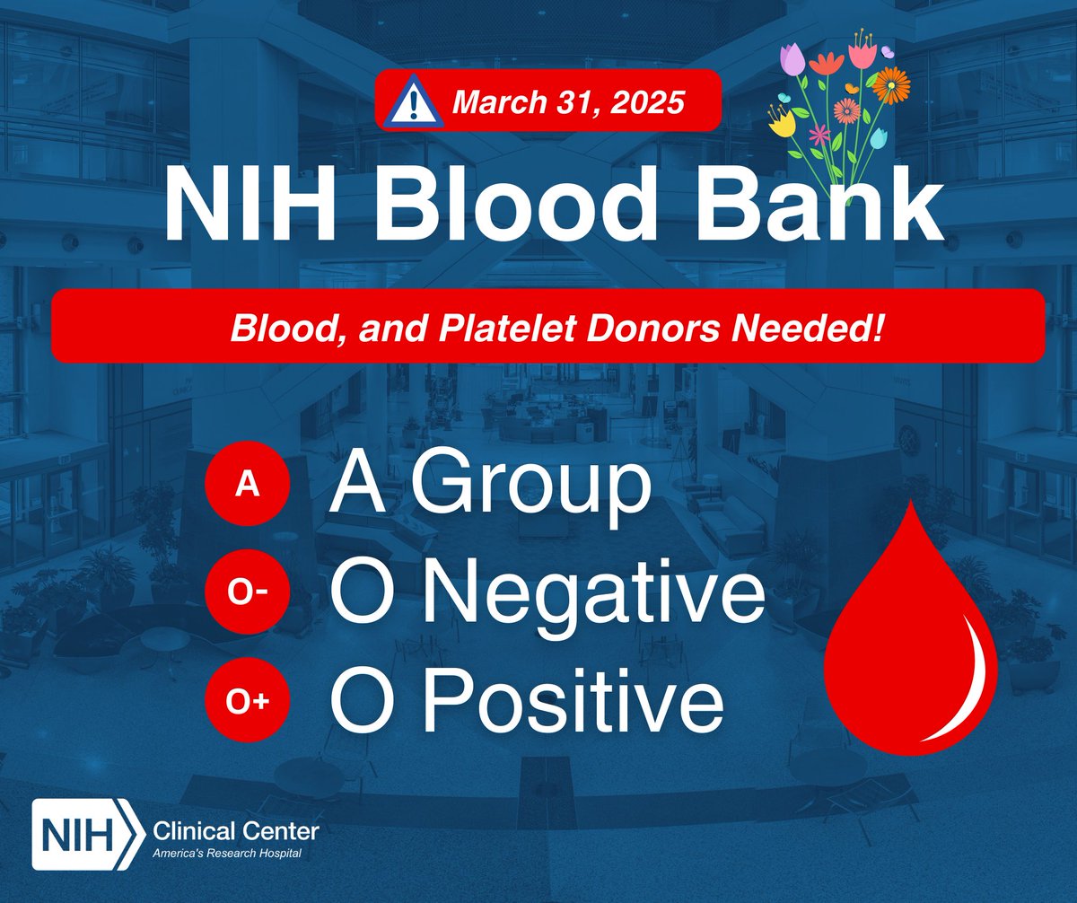 PLEASE SHARE! The #NIHBloodBank needs A, O-, and O+ blood and platelet donors. Call 301-496-4321 for platelet donations or 301-496-1048 for blood donations, or visit our website at cc.nih.gov/blooddonor to schedule an appointment. #blooddonor #plateletdonor