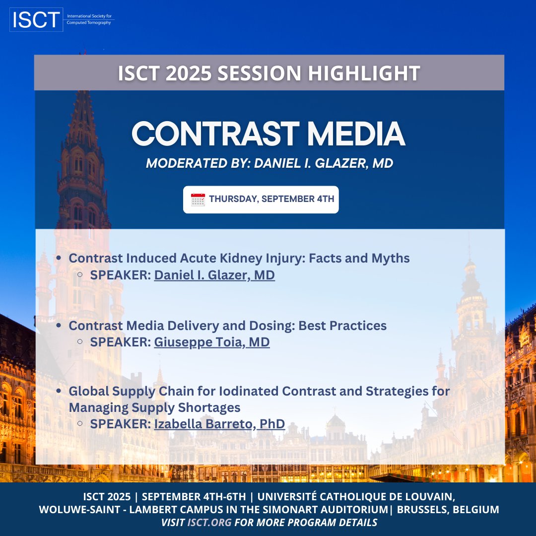 📢 Don’t miss the Contrast Media session at #ISCT2025!
✔️ Kidney safety: Fact vs. myth
✔️ Dosing + delivery best practices
✔️ Global supply chain strategies

🔗 isct.org

#Radiology #CT #ContrastAgents #MedicalImaging