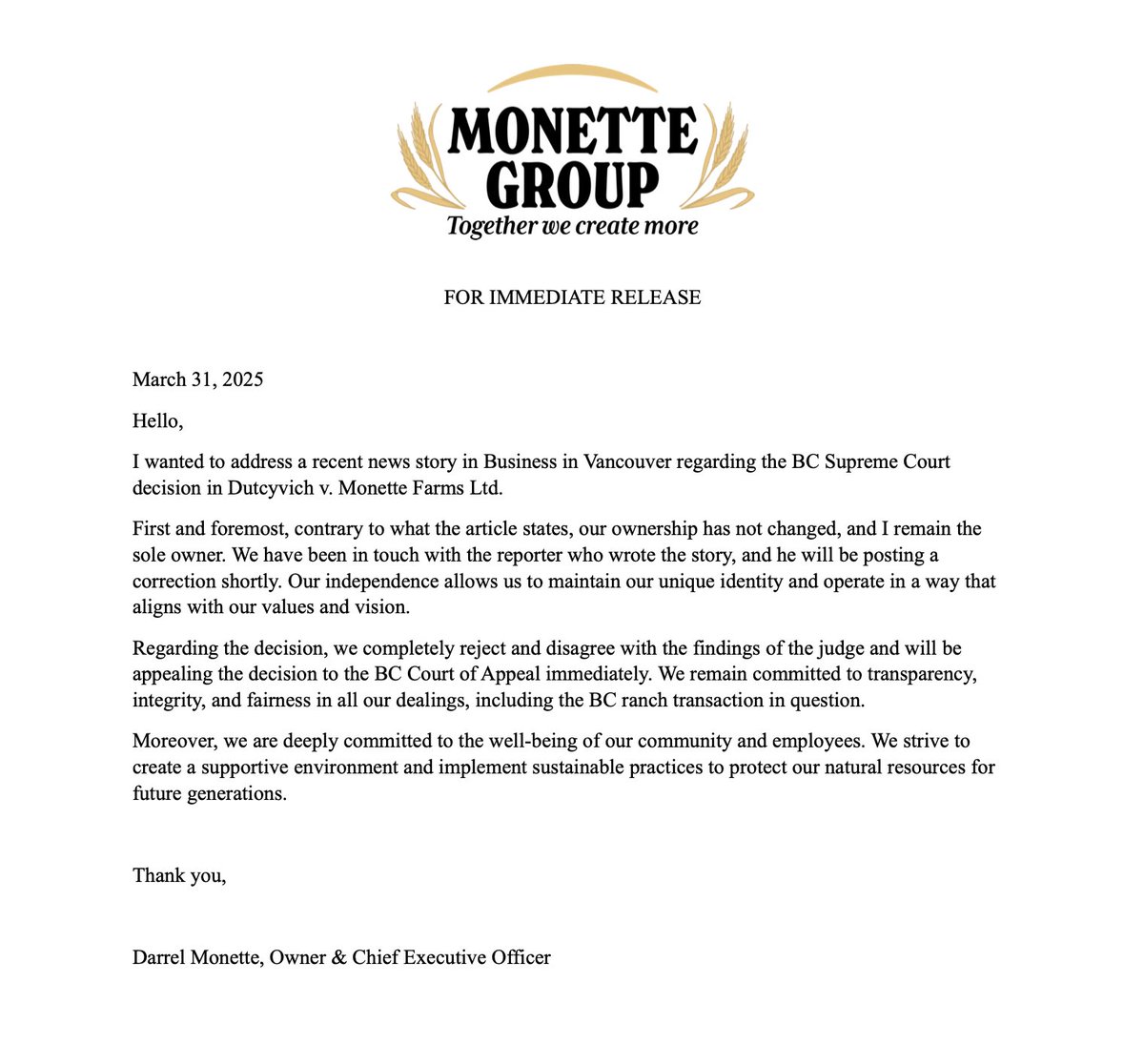 A message from Darrel Monette.