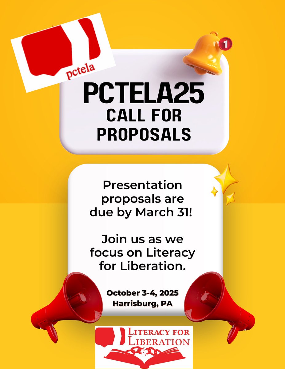 PCTELA (@pctelanews) on Twitter photo Today is the final day to submit a proposal for #pctela25! Your voice and knowledge is needed - consider sharing in October!
bit.ly/PCTELA25CFP
<a href="/ncte/">National Council of Teachers of English (NCTE)</a> <a href="/ncte_cel/">NCTE CEL</a> <a href="/PADeptofEd/">PA Department of Education</a> <a href="/PAEduChat1/">PAEduChat</a> <a href="/OCTELA/">OH English Teachers</a> <a href="/PSEA/">PSEA</a> <a href="/StudentPSEA/">Student PSEA</a> <a href="/KSLAliteracy/">Keystone State Literacy Association</a> Today is the final day to submit a proposal for #pctela25! Your voice and knowledge is needed - consider sharing in October!
bit.ly/PCTELA25CFP
<a href="/ncte/">National Council of Teachers of English (NCTE)</a> <a href="/ncte_cel/">NCTE CEL</a> <a href="/PADeptofEd/">PA Department of Education</a> <a href="/PAEduChat1/">PAEduChat</a> <a href="/OCTELA/">OH English Teachers</a> <a href="/PSEA/">PSEA</a> <a href="/StudentPSEA/">Student PSEA</a> <a href="/KSLAliteracy/">Keystone State Literacy Association</a>