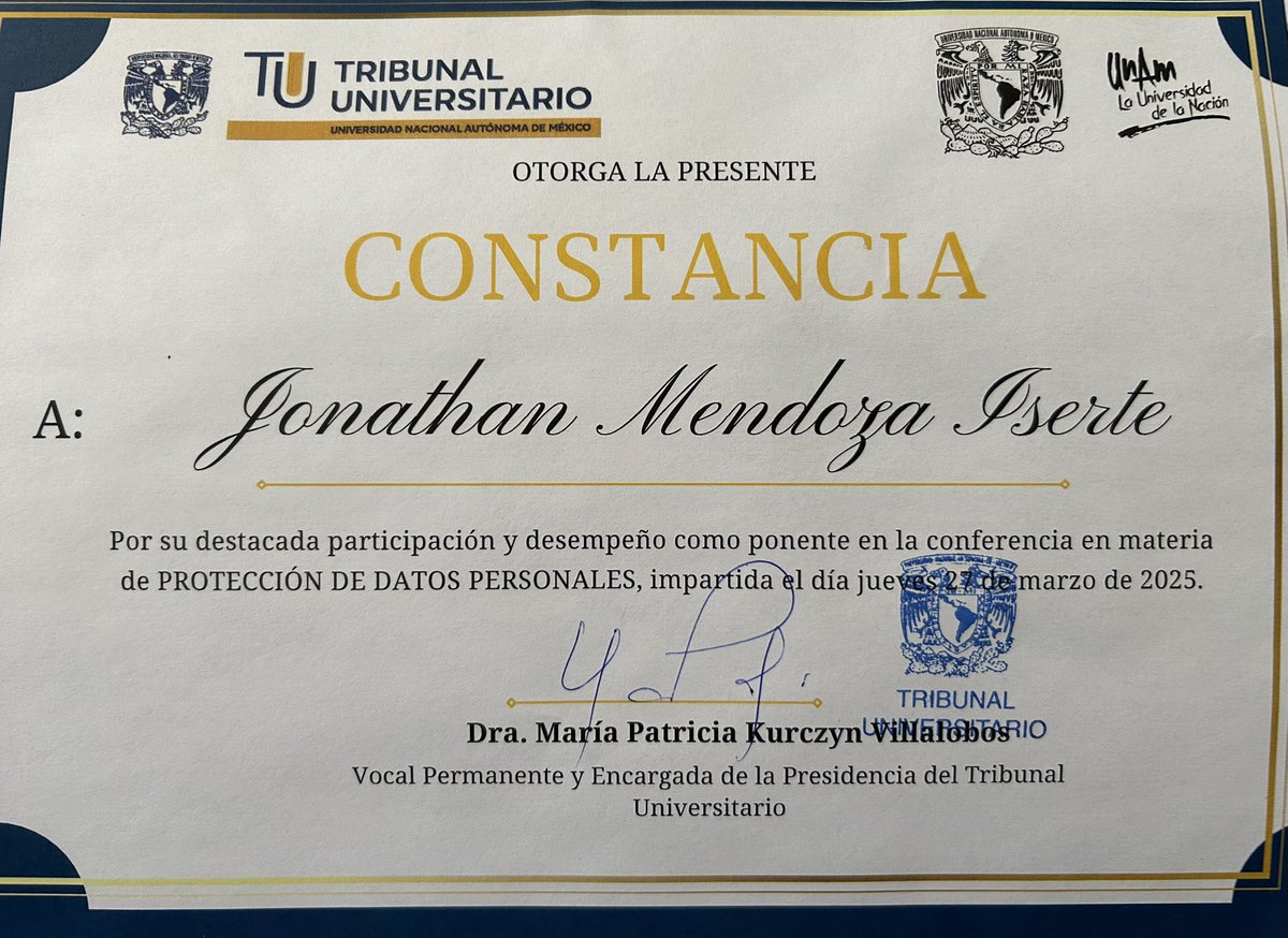 ⚖️ Agradezco a la doctora <a href="/mpkv_iij/">Patricia Kurczyn V.</a> por invitarme a impartir la conferencia: “Nuevo marco normativo en materia de #ProtecciónDeDatosPersonales”, en las instalaciones del Tribunal Universitario de nuestra máxima casa de estudios. <a href="/UNAM_MX/">UNAM</a>.