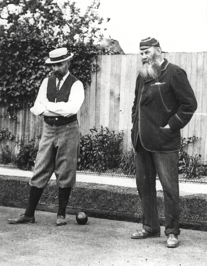 WG Grace playing bowls, a sport he keenly played in his later years. He was instrumental in the formation of the English Bowling Association in 1903, becoming its first president.  He is wearing his London County CC cap