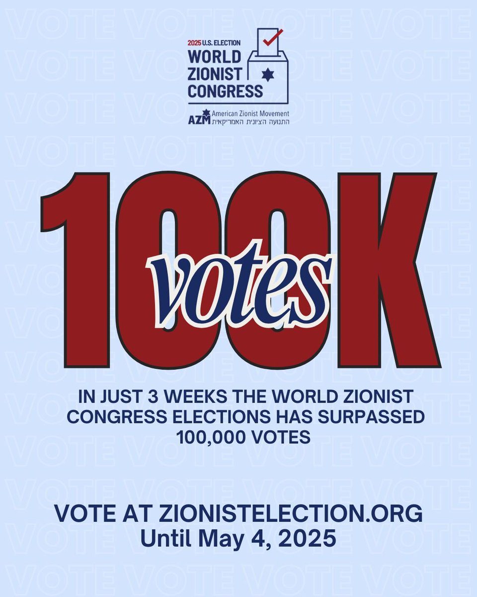 AZM4Israel's tweet image. 🚨 100,000 Votes &amp;amp; Counting 🗳️

Just three weeks since U.S. voting opened, 102,380 votes have been cast in the 2025 World Zionist Congress election.

This turnout marks a 142% increase from the 3rd week of voting in the 2020 election, and an astounding 657% increase from the 2015…
