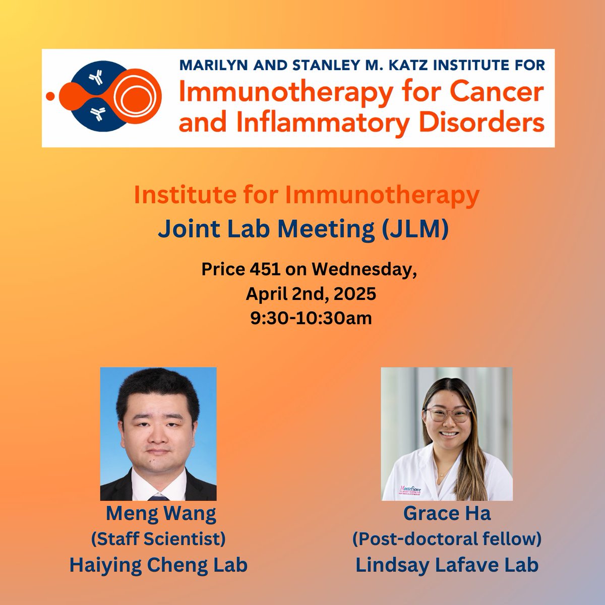 Katz Institute for Immunotherapy (@ifi_einstein) on Twitter photo Next JLM session on cutting-edge #ImmuneCheckpoint & #LungTumor #Research happening on April 2nd!!
Key Presenters: Meng Wang (<a href="/HaiyingCheng/">Haiying Cheng</a> Lab) & <a href="/GraceHaMD/">Grace Ha Mittler, MD</a> (<a href="/Lindsay_LaFave/">Lindsay LaFave</a> Lab)!!
<a href="/EinsteinPhD/">EinsteinPhD</a>
<a href="/ae_cancercenter/">ME Cancer Center</a>
<a href="/EinsteinMSTP/">EinsteinMSTP</a>
<a href="/EinsteinMed/">Albert Einstein College of Medicine - Official</a>
<a href="/MontefioreNYC/">Montefiore Health System</a>
<a href="/EinsteinCellBio/">EinsteinCellBio</a> Next JLM session on cutting-edge #ImmuneCheckpoint & #LungTumor #Research happening on April 2nd!!
Key Presenters: Meng Wang (<a href="/HaiyingCheng/">Haiying Cheng</a> Lab) & <a href="/GraceHaMD/">Grace Ha Mittler, MD</a> (<a href="/Lindsay_LaFave/">Lindsay LaFave</a> Lab)!!
<a href="/EinsteinPhD/">EinsteinPhD</a>
<a href="/ae_cancercenter/">ME Cancer Center</a>
<a href="/EinsteinMSTP/">EinsteinMSTP</a>
<a href="/EinsteinMed/">Albert Einstein College of Medicine - Official</a>
<a href="/MontefioreNYC/">Montefiore Health System</a>
<a href="/EinsteinCellBio/">EinsteinCellBio</a>