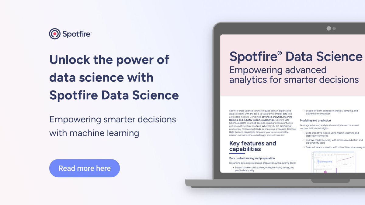 maxlorich's tweet image. 🤖 Unlock the Power of Data Science with Spotfire

Spotfire Data Science empowers teams to predict trends, optimize operations, and make smarter decisions. Get all the details: spr.ly/6015FTb6f

#VisualDataScience #SpotfireDataScience