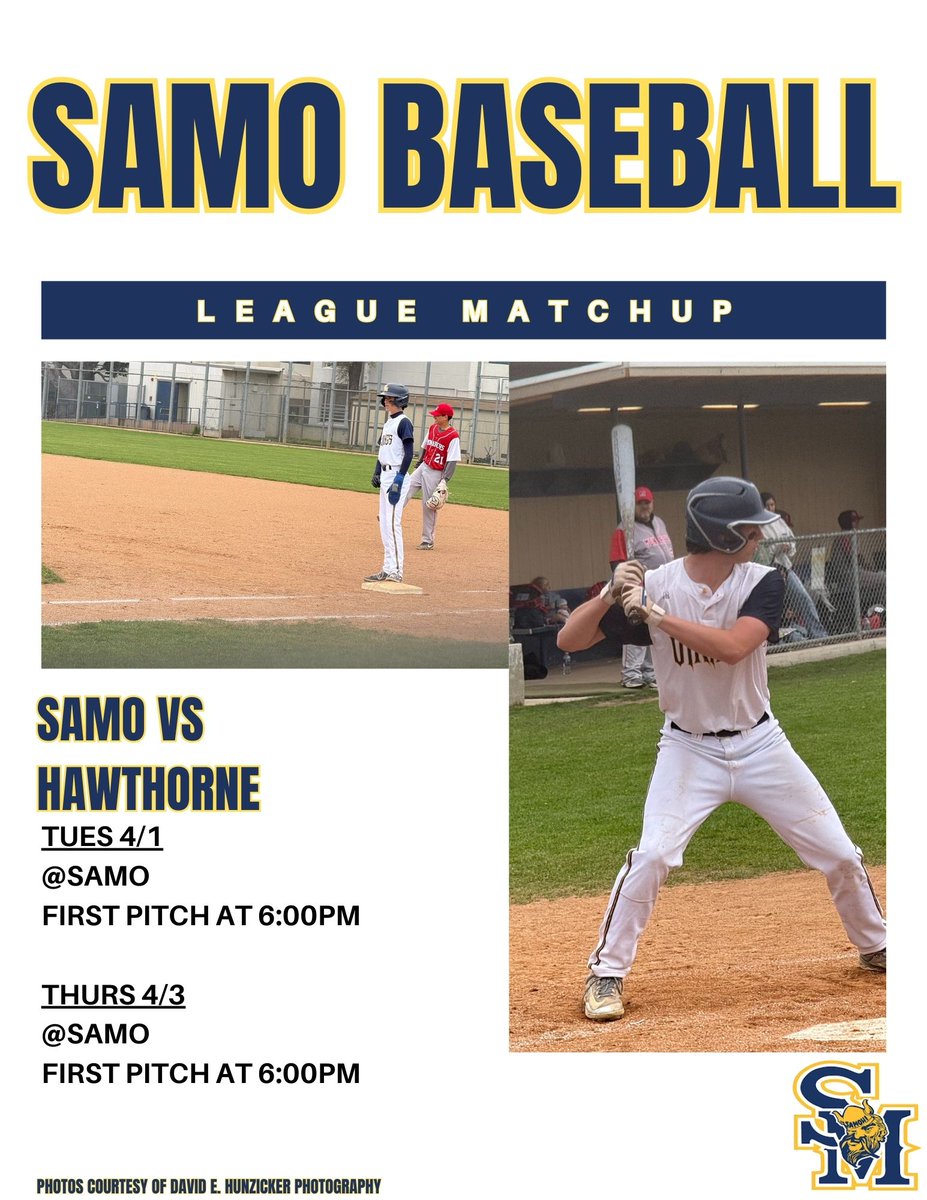 SAMO Baseball League Games This Week: 
* Tomorrow 4/1(Tuesday) vs Hawthorne at SAMO: 
First pitch 6pm 
*Thursday 4/3 vs Hawthorne at SAMO (Senior Night): 
First pitch 6pm 
#GOSAMO #SAMOhiBASEBALL