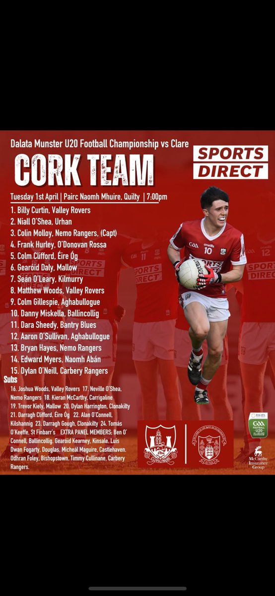 Best of luck to the Cork U20 footballers tomorrow nite v Clare in the Munster championship especially Neville O Shea, Bryan Hayes and Luis Dwan Fogarty🔴⚪️