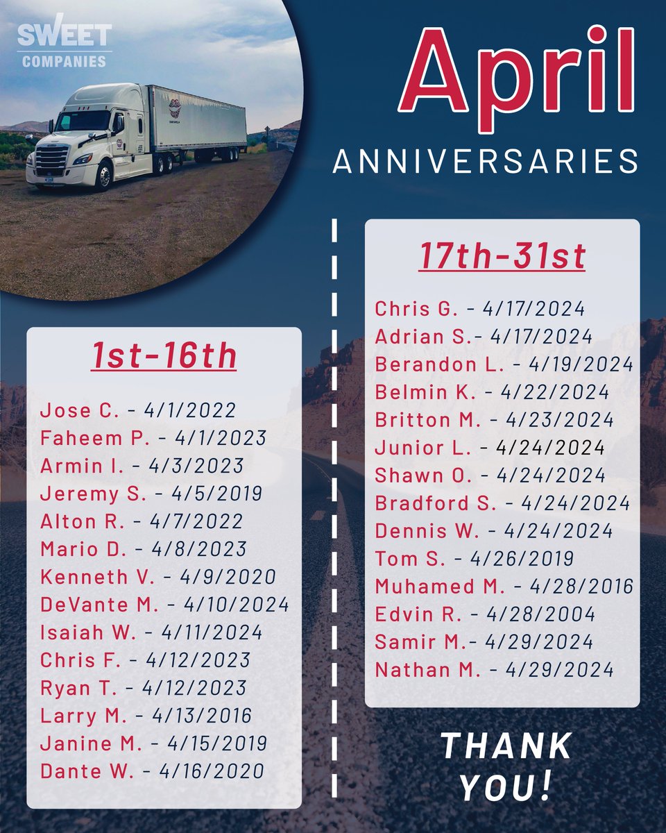 SweetExpressLLC's tweet image. Sweet would like to recognize our employee anniversaries for the month of April!

Your daily hard work, dedication, and customer service make Sweet an excellent place for reliable transportation! Thank you!

#employeewellness #employeeexperience #thankyou