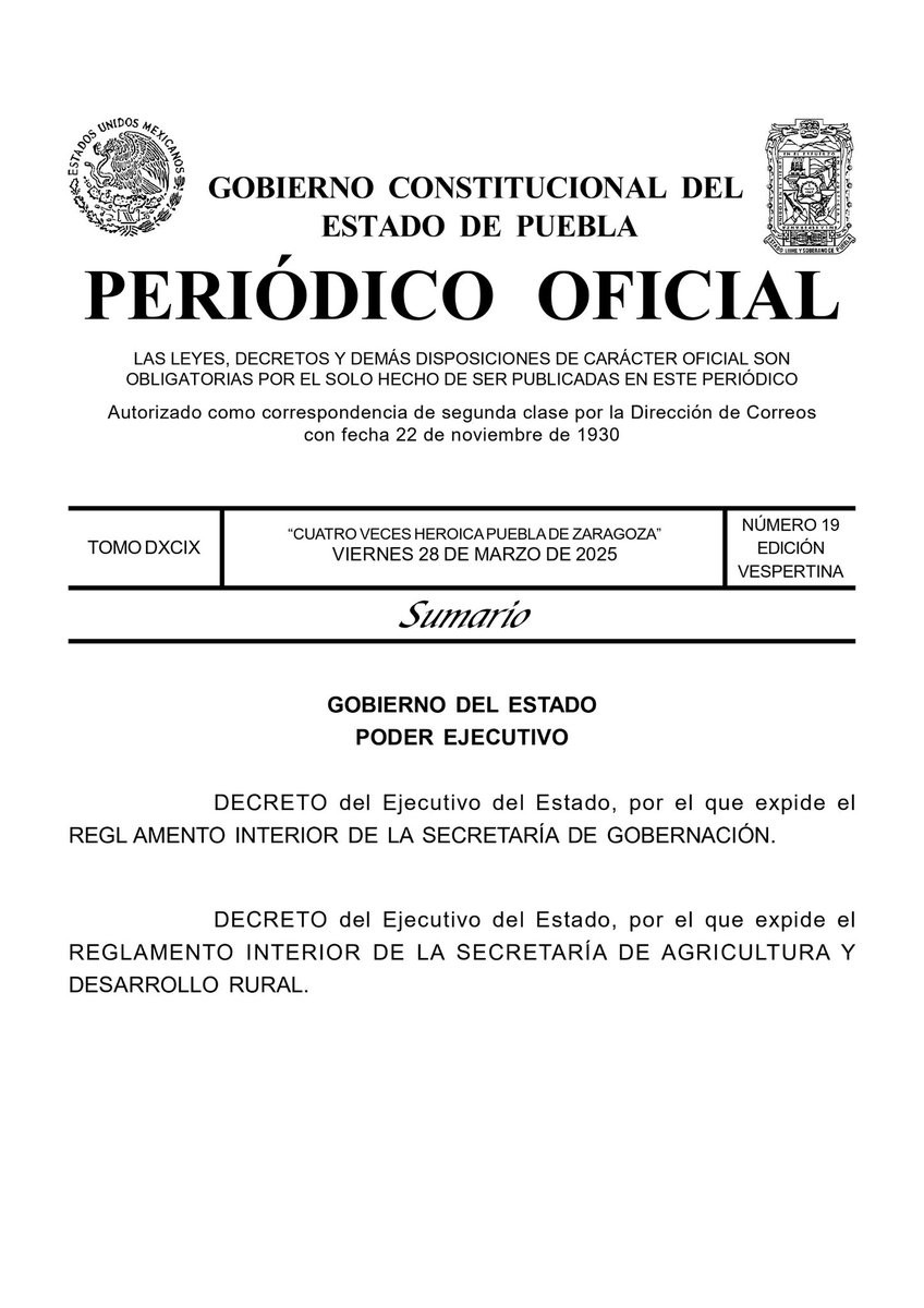 Decreto del Ejecutivo del Estado que expide el Reglamento Interior de la Secretaría de Gobernación del Estado de Puebla (<a href="/Segob_Puebla/">SEGOB Puebla</a>) y la Secretaría de Agricultura y Desarrollo Rural (<a href="/SDRGobPue/">Secretaría de Agricultura y Desarrollo Rural</a>).

🔗👇
periodicooficial.puebla.gob.mx/media/k2/attac…