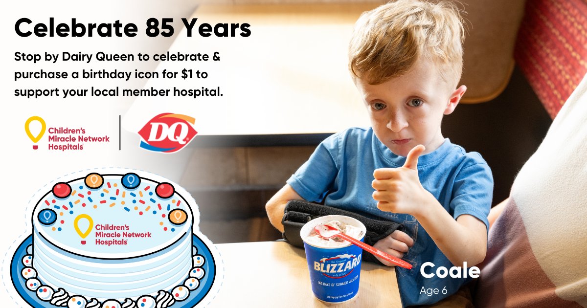 It's <a href="/DairyQueen/">Dairy Queen</a>'s  85th birthday! From April 1-30, grab a <a href="/CMNHospitals/">Children's Miracle Network Hospitals</a> birthday cake icon at participating locations and unlock a world of possibility for kids at Maynard Children’s Hospital. Let's make this milestone extra special. #ChangeKidsHealth #bringjoy