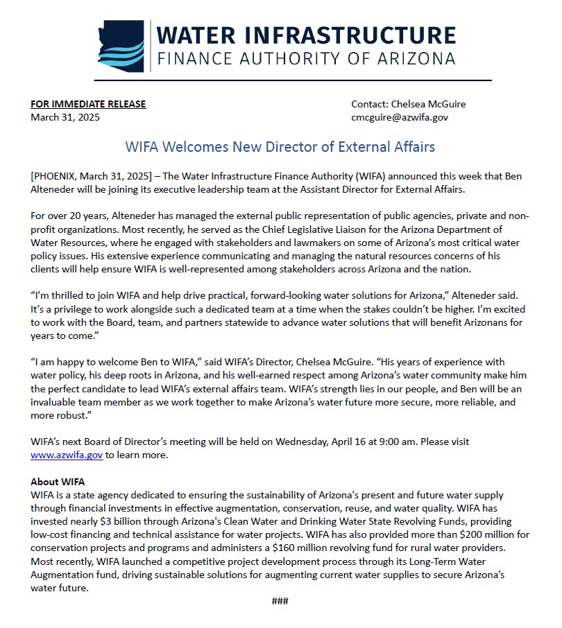 📢 WIFA is excited to announce that Ben Alteneder will serve as our next Assistant Director for External Affairs. Ben brings decades of experience in natural resources and water policy to this role. Join us in welcoming him to the WIFA team! #azwater