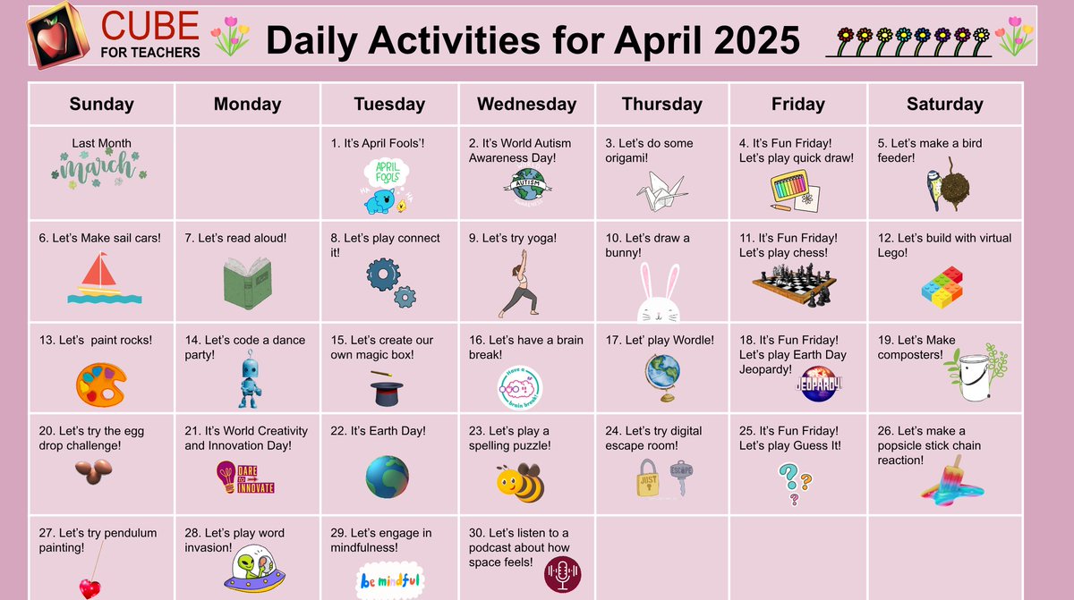 Daily Activities for April! 🌷
bit.ly/cubecalendarAp… 
#teachers #STEM #literacy #science #math #funFirday