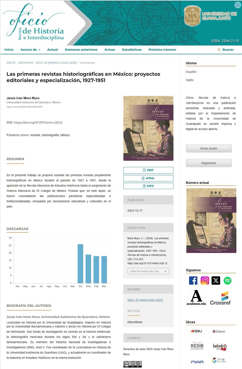 “Las primeras revistas historiográficas en México: proyectos editoriales y especialización, 1927-1951”
Por: Jesús Iván Mora Muro
doi.org/10.15174/orhi.…
Descarga el archivo de audio y escucha el artículo sin conexión a internet
👉También disponibles en Spotify