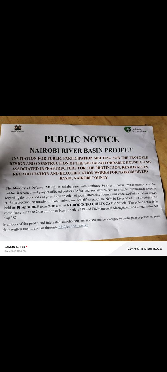 Hey my country people......
A polite reminder of tomorrow's public participation (1st April 2025 ) regards to the social/affordable housing on the Nairobi River Basin ..... 
Location 📍: Chiefs Camp Korogocho 

#MyCommunityAndMe