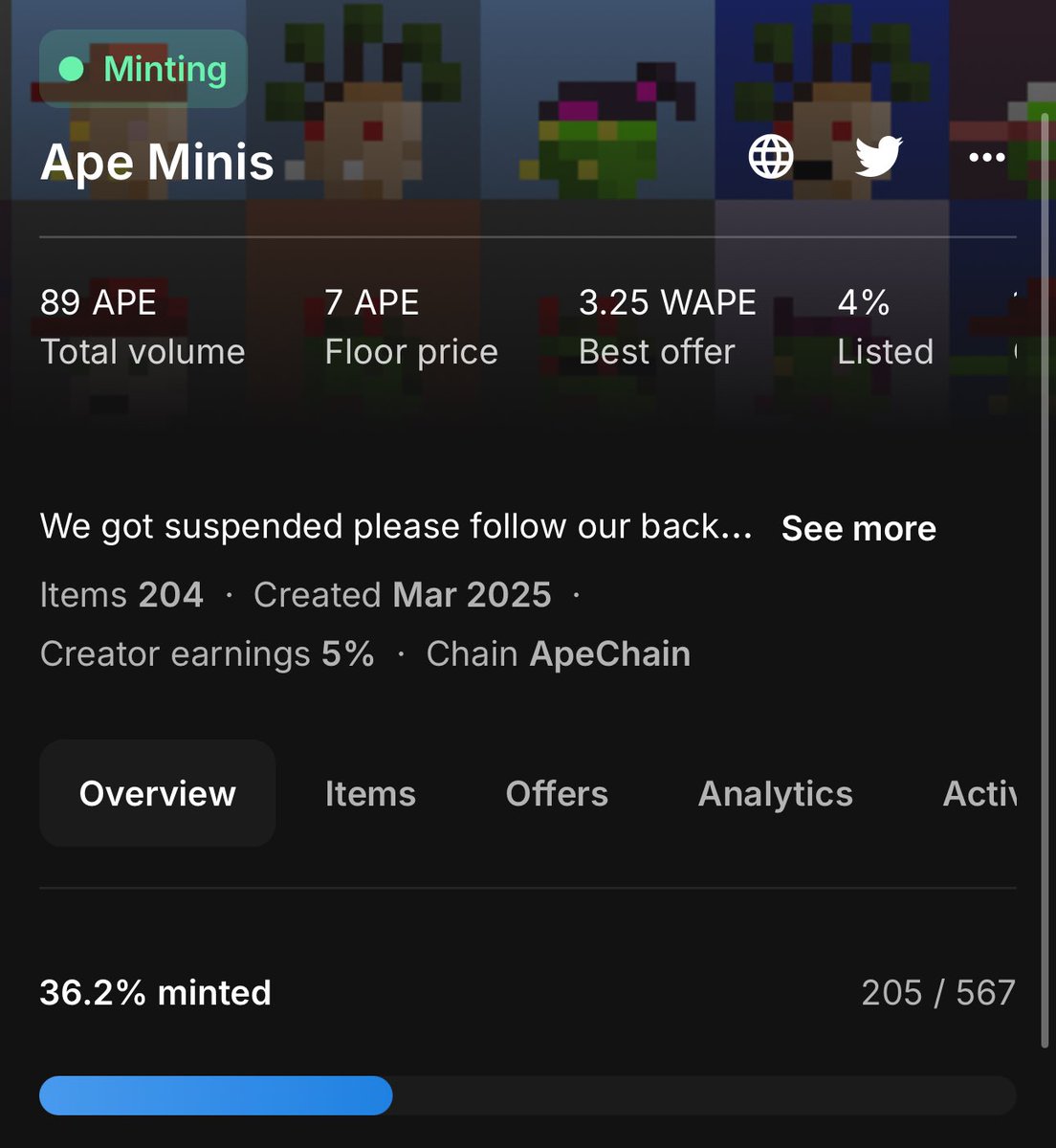 Apes together strong 

36% minted and counting, we might be mini but we are bigger and stronger than we look 👀 

Go mint if you are on wl 🦍🦍🦍

Here : opensea.io/collection/ape…

#ApeChain