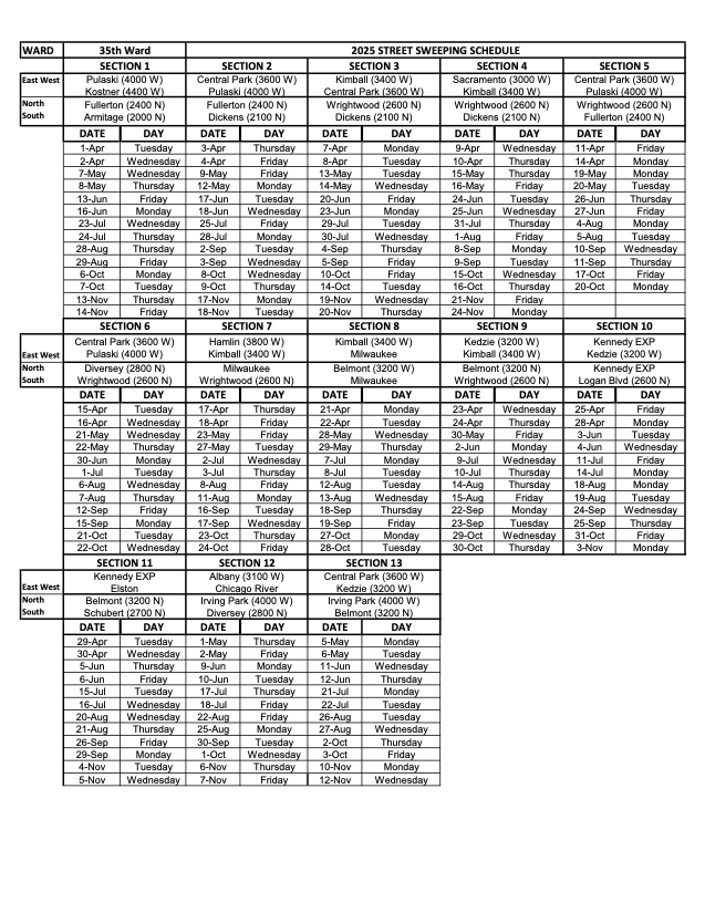 🚨 Street sweeping starts tomorrow, April 1st! 🚨

Check your street’s schedule by clicking the link below, and find the 35th Ward's street sweeping schedule below. 🧹 chicago.gov/city/en/depts/…