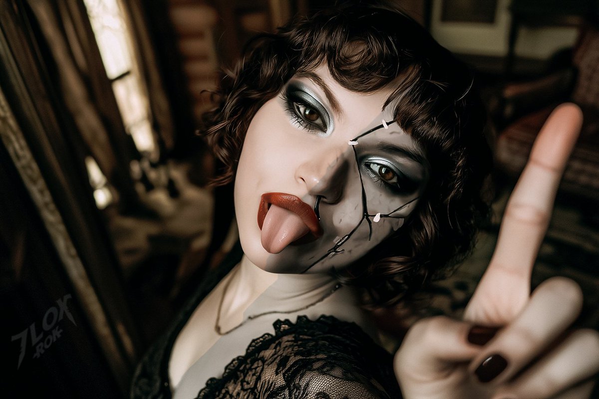 Caught Grace in a playful mood! Cracked face, wicked smile, and killer bass skills. Always more to her than meets the eye. #7LoxRok #7Lox #GothicVibes #GraceOnBass