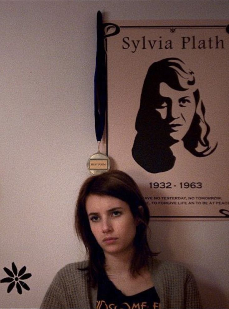 TheCinesthetic's tweet image. Emma Roberts next to a Sylvia Plath poster
