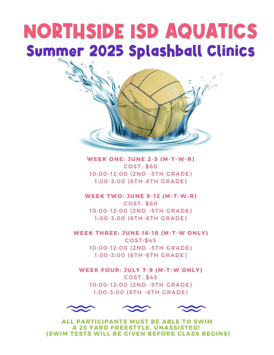 Sotomayor Wildcats Aquatics (@sotoaquatics) on Twitter photo 🚨Summer Opportunities to come out and learn water polo!! 🤽♂️ 🤽🏼♀️🚨
<a href="/NISDFolks/">Dr. John Folks MS</a> <a href="/NISDJefferson/">Jefferson Middle School</a> <a href="/NISDFranklinES/">Kay Franklin ES</a> <a href="/NISDTomlinson/">Tomlinson Elementary School</a> <a href="/NISDScarborough/">NISD Scarborough Elementary</a> <a href="/NISDFields/">Fields Elementary</a> 🚨Summer Opportunities to come out and learn water polo!! 🤽♂️ 🤽🏼♀️🚨
<a href="/NISDFolks/">Dr. John Folks MS</a> <a href="/NISDJefferson/">Jefferson Middle School</a> <a href="/NISDFranklinES/">Kay Franklin ES</a> <a href="/NISDTomlinson/">Tomlinson Elementary School</a> <a href="/NISDScarborough/">NISD Scarborough Elementary</a> <a href="/NISDFields/">Fields Elementary</a>