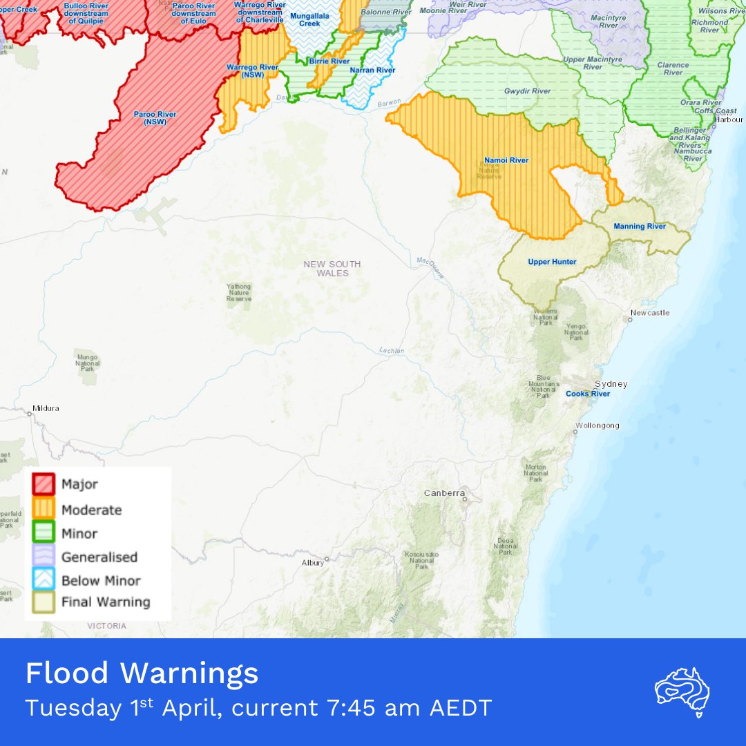 ⚠️🌊Flooding continues down many rivers in northern #NewSouthWales, including major flooding along the Paroo River, which will likely continue for many more days if not weeks.

All warnings:  bom.gov.au/nsw/warnings/