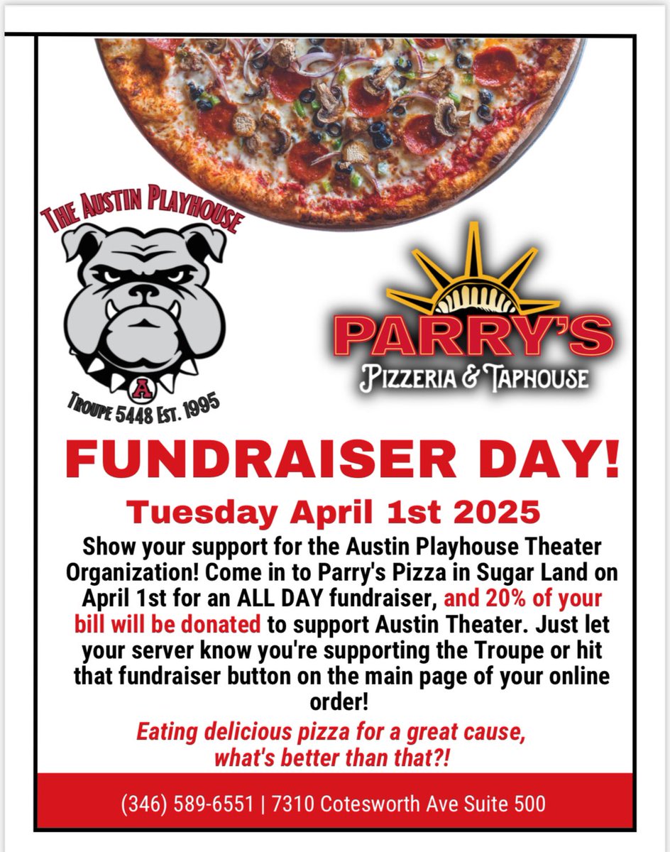 Tomorrow we have another spirit night ! If you are in the sugarland area please make sure to drop by for some yummy food and mention our department. 
facebook.com/share/1M8L76WH…