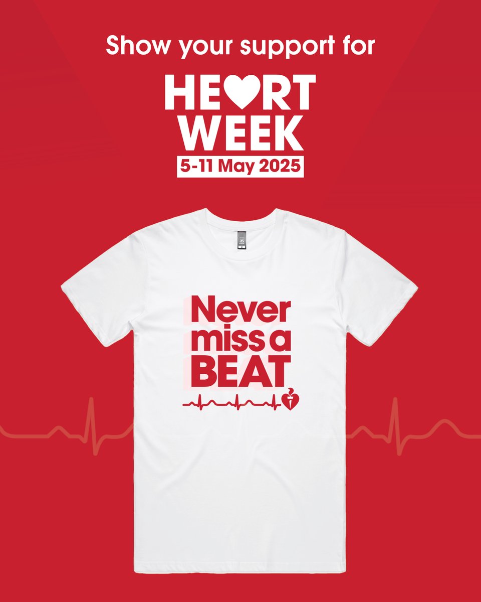 heartfoundation's tweet photo. A t-shirt with purpose ❤️ Help us raise awareness about the importance of heart health this #HeartWeek2025, 5–11 May, with our limited edition Never miss a BEAT t-shirt! Shop now 👉 https://t.co/uGbvUj3yHK https://t.co/GbtBxljcS9
