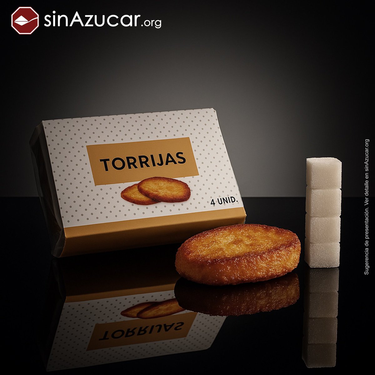 Una torrija del Mercadona (110 g) contiene 17,6 g de azúcar, equivalente a un poco más de 4 terrones.