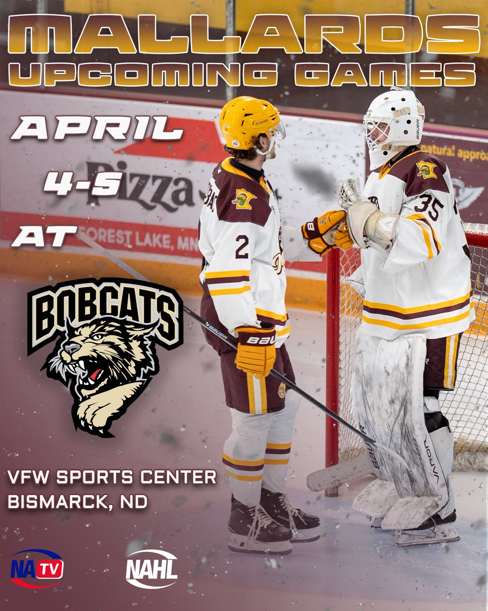 Mallards hit the road and head for Bismarck! Catch the action April 4–5 as they take on the Bobcats at the VFW Sports Center. Watch live on NAHL TV! #MallardsHockey #NAHL