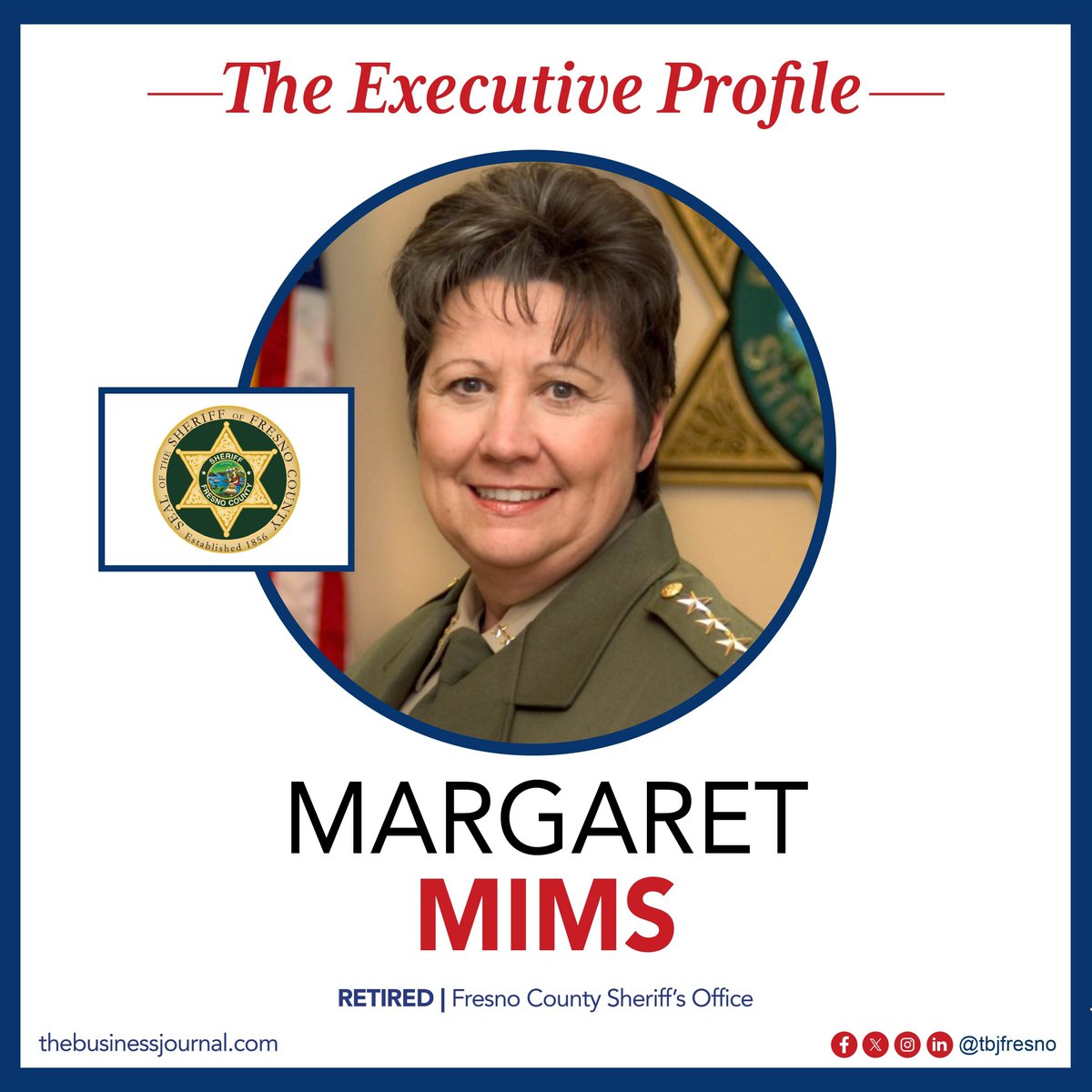 TBJFresno's tweet image. Margaret Mims, retired Fresno County Sheriff, dedicated her career to public safety and community service. Learn more about her journey and insights in this week’s edition of The Business Journal. 

#executiveprofile #sheriff #deputy #retirement #fresno #tbj #thebusinessjournal