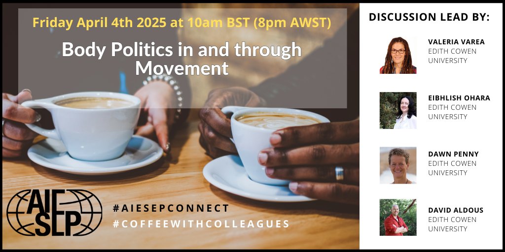 Join us for a #CoffeeConversations session where we’ll share a sneak peek into the upcoming symposium “Body Politics in and through Movement”!

📅 Friday April 4th 2025
 🕒 10am BST (8pm AWST)
 📍 Zoom: Meeting ID: 869 1377 8787
Passcode: 00377966