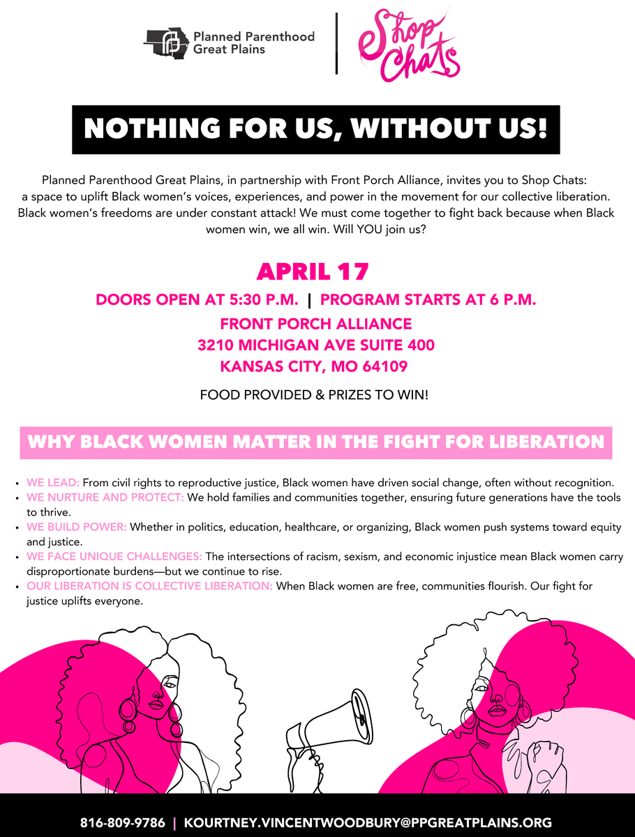 FPAKansasCity's tweet photo. We're excited to announce an event called Shop Chats with our friends at @PPGreatPlains. It is a space to uplift Black women's voices, freedom, &amp; power and we invite YOU to be part of the conversation. Meet us Thursday April 17 here at 3210 Michigan Ave. KCMO #kansascity #kc https://t.co/EDZ5I25NH9