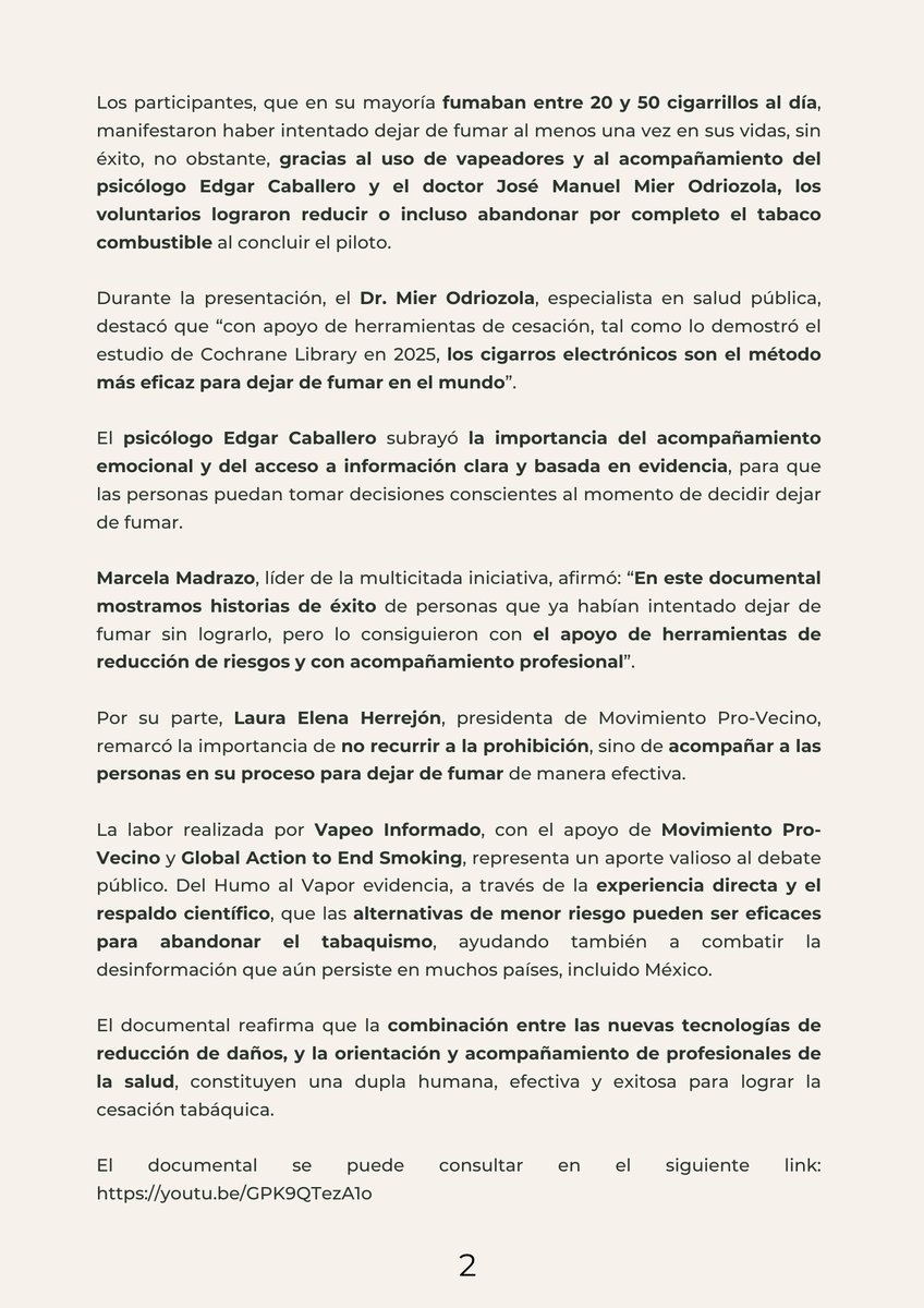 El documental #DelHumoAlVapor se presentó en una sala de cine de la CDMX
🔎 Acompaña la historia de 10 personas que dejaron de fumar con herramientas de reducción de daños, y apoyo médico y psicológico.
👉 Consulta el comunicado y mira el documental aquí: youtu.be/GPK9QTezA1o